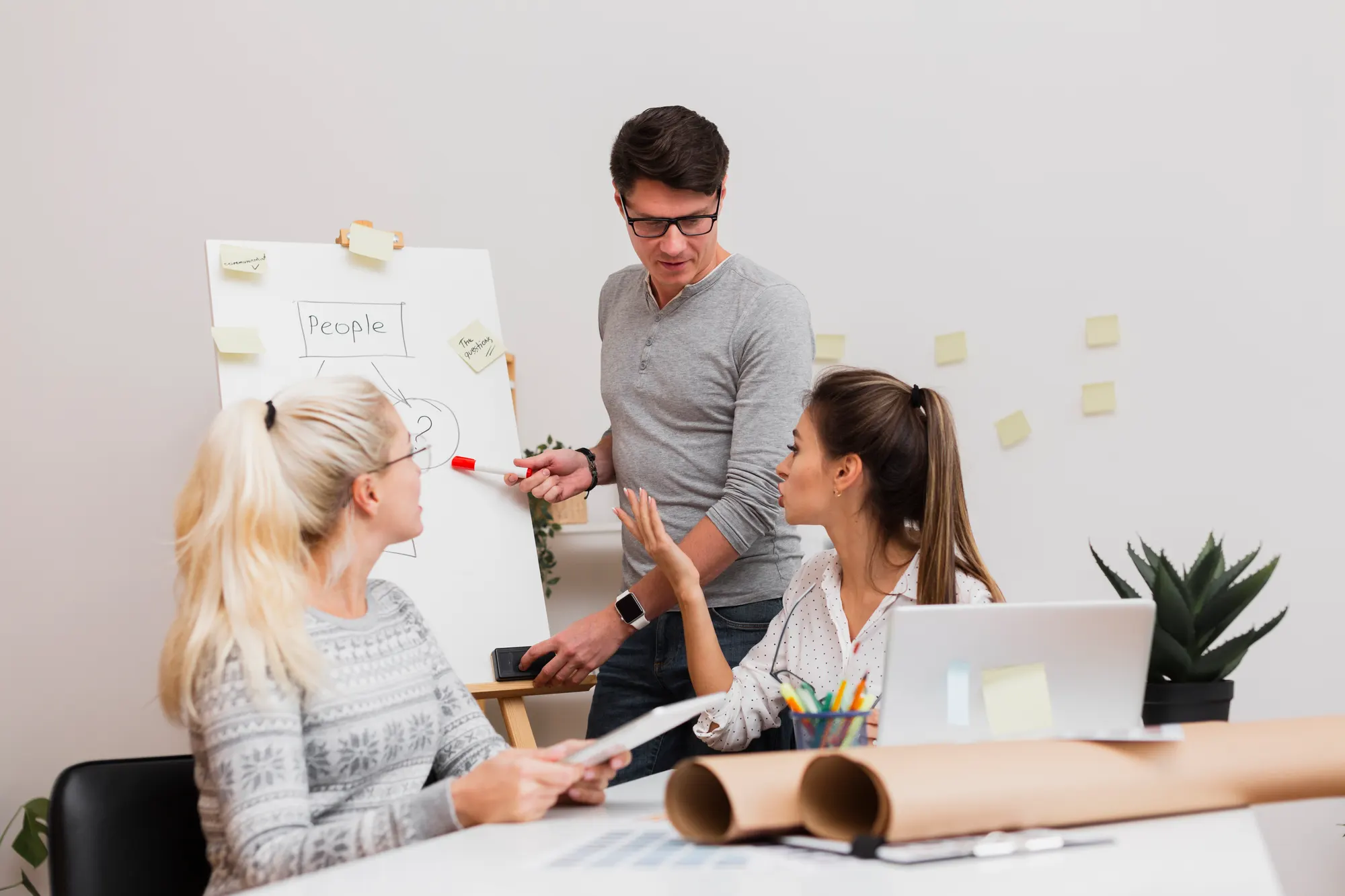 A team planning a campaign at the whiteboard